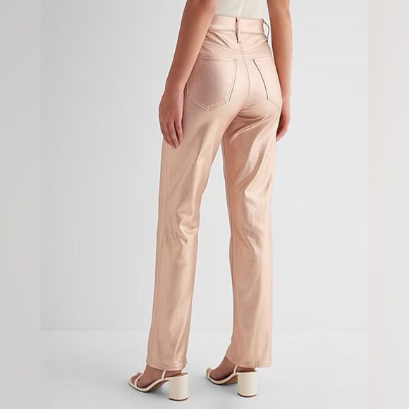 NWT EXPRESS SIZE 0 High Waisted Metallic Coated Modern Straight Jeans rose gold - Picture 7 of 7